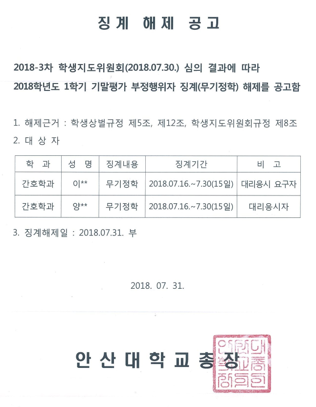징계 해지 공고