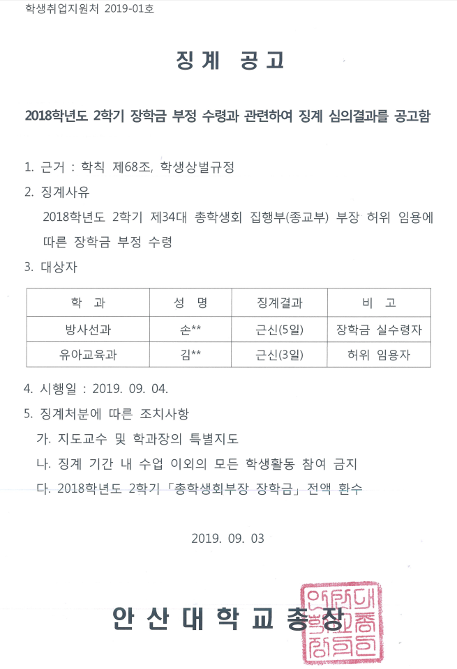 학생 징꼐 처분 공고(2019-1호)