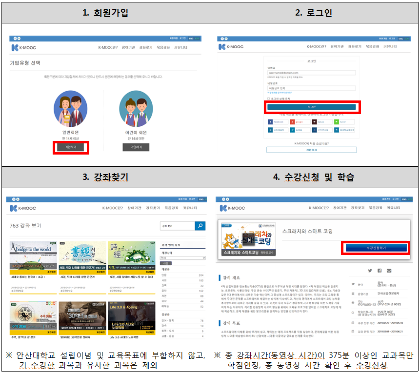 k-mook 사용안내와 회원가입 방법과 수강신청과 학습안내