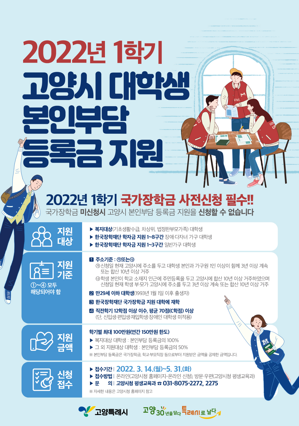 2022년 1학기 고양시 대학생 본인부담 등록금 지원 포스터-아래글 참조