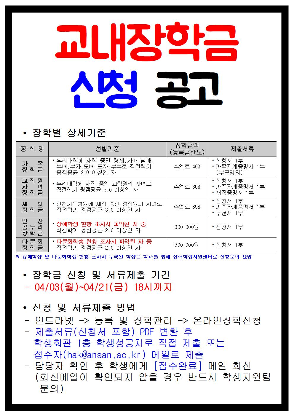 교내장학금 신청 공고 자세한 설명은 본문 참조