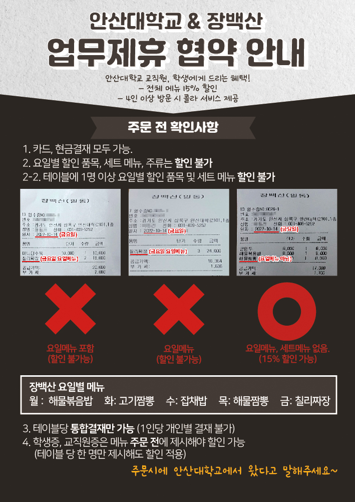 안산대학교 & 장백산 업무제휴 협약안내/ 안산대학교 교직원, 학생에게 드리는 혜택! 1. 전체메뉴 15% 할인, 2. 4인 이상 방문 시 콜라 서비스 제공/ 주문 전 확인사항 1. 카드, 현금결재 모두 가능. 2. 요일별 할인 품목, 세트 메뉴, 주류는 할인 불가. 2-2 테이블에 1명 이상 요일별 할인 품목 및 세트 메뉴 주문 시 할인 불가 (요일메뉴, 또는 할인메뉴만 주문: 할인 불가/ 요일메뉴, 세트메뉴가 주문에 포함: 할인 불가능/ 요일메뉴, 세트메뉴 포함되지 않은 주문: 15% 할인 가능)/ 장백산 요일별 메뉴: 월: 해물볶음밥, 화: 고기짬뽕, 수: 잡채밥, 목: 해물짬뽕, 금: 칠리짜장 3. 테이블당 통합결재만 가능(1인당 개인별 결재 불가능) 4. 학생증, 교직원증은 메뉴 주문 전에 제시해야 할인 가능(테이블 당 한 명만 제시해도 할인 적용) 주문시에 안산대학교에서 왔다고 말해주세요~